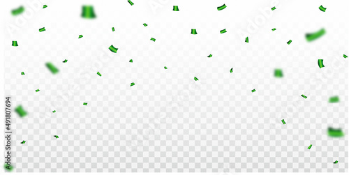 Green confetti and tinsel falling illustration on transparent background. Colorful confetti vector for the festival and party celebration. Green confetti element for carnival background.