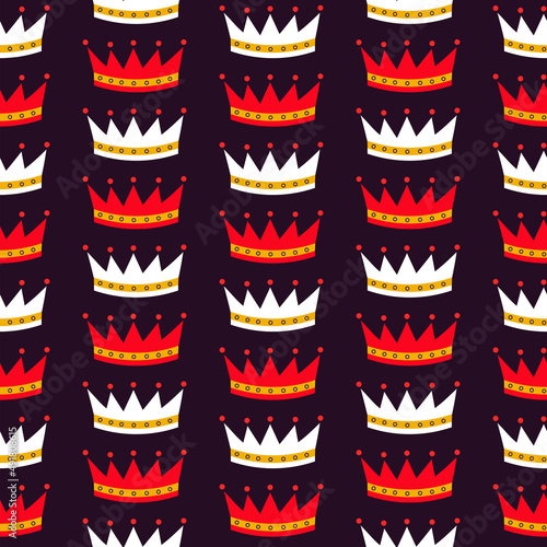 Seamless pattern with red and white crowns on dark background. Design for fabric and paper, surface textures. 