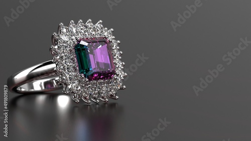 alexandrite emerald cut stone halo ring 3d render in white metal photo