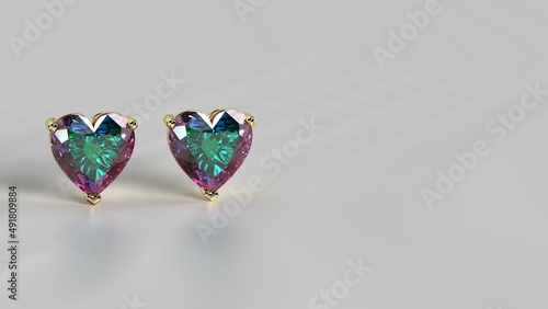 stud heart shape earing with alexandrite and yellow gold 3d render