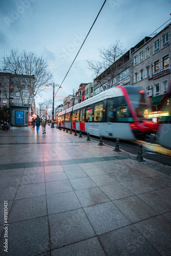 Tramway train in motion blur in the city of Istanbul 