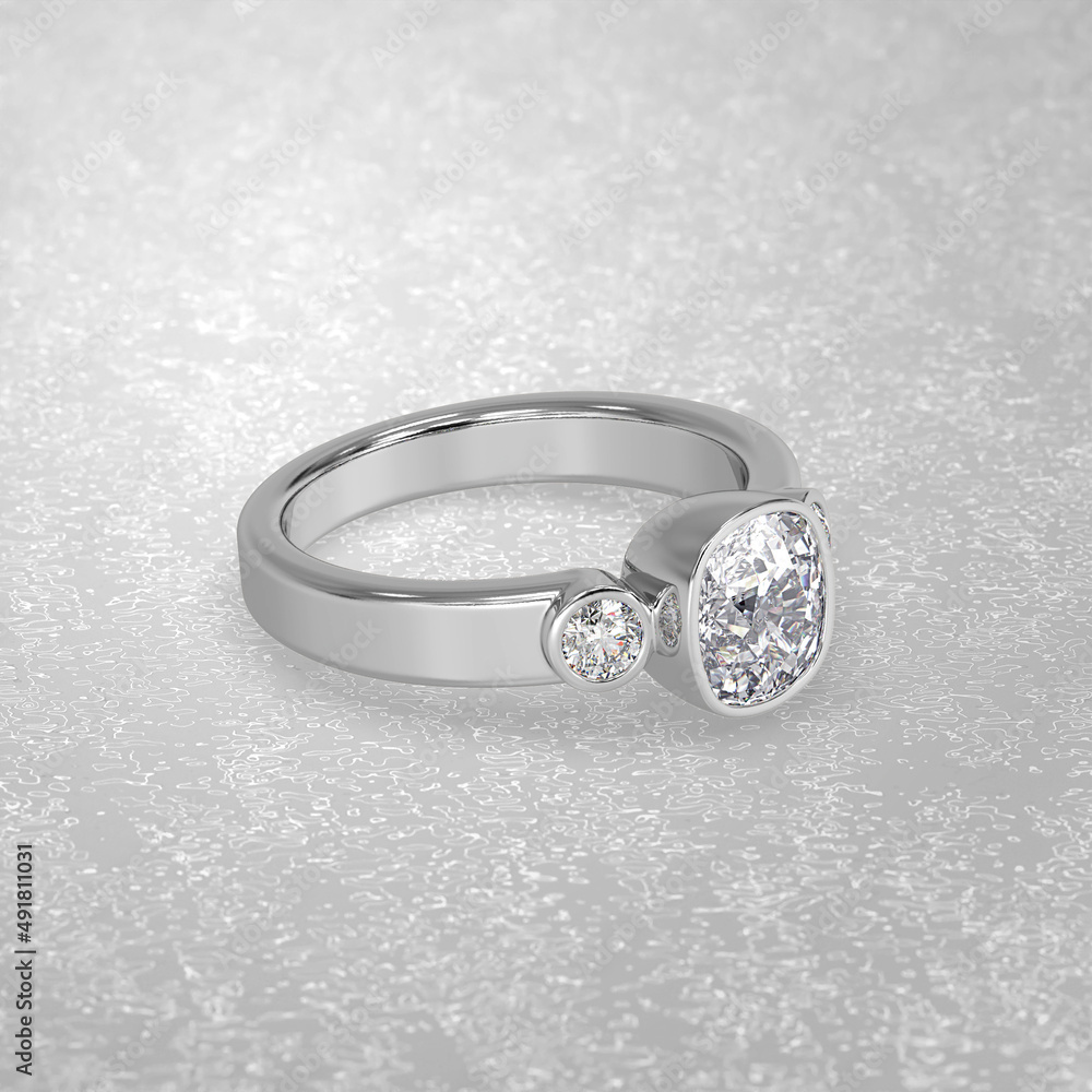 three stone engagement ring laying down position in metal gold 3D render three stone engagement ring laying down position in metal gold 3D render