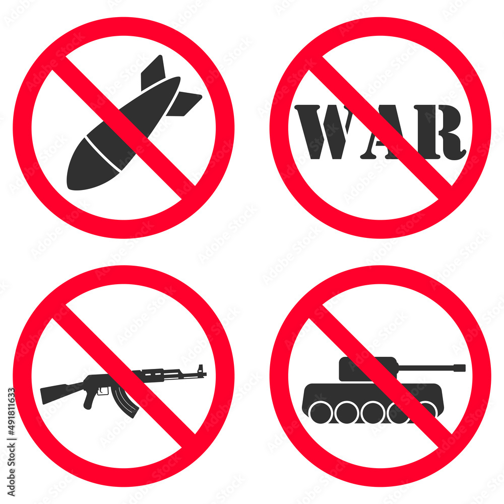 Stop the war. Set of vector anti-war signs. Crossed out tank, bomb and machine gun. Stop the war. Set of vector anti-war signs. Crossed out tank, bomb and machine gun.