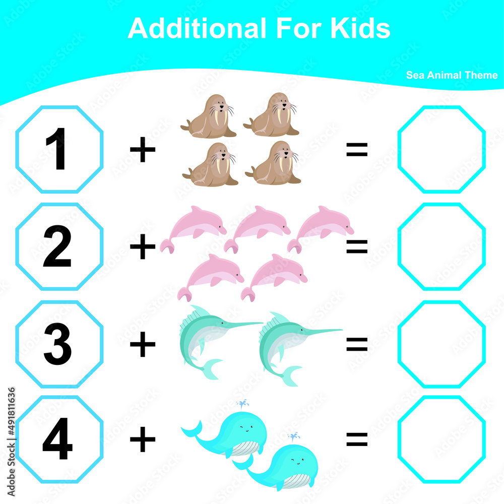 Fototapeta premium Counting Addition Game for Preschool Children. Educational printable math worksheet. Additional math worksheet. Vector illustration.