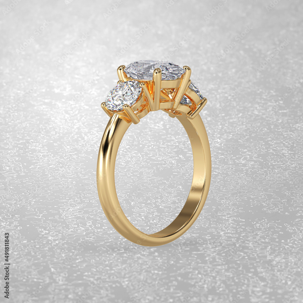 three stone engagement ring standing position in metal gold 3D render three stone engagement ring standing position in metal gold 3D render