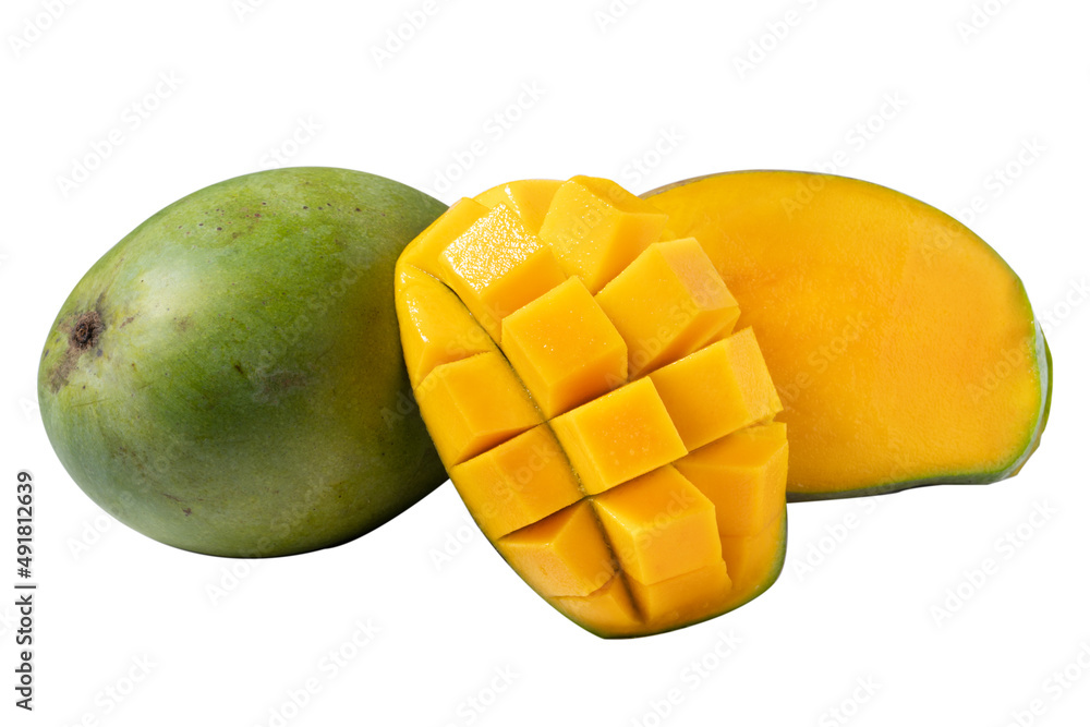 Beautiful delicious green mango isolated on white table background.