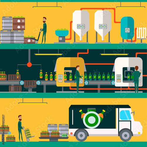 Beer Brewery Process. Brewery Factory Background. Colorful vector illustration of elements of brewing process