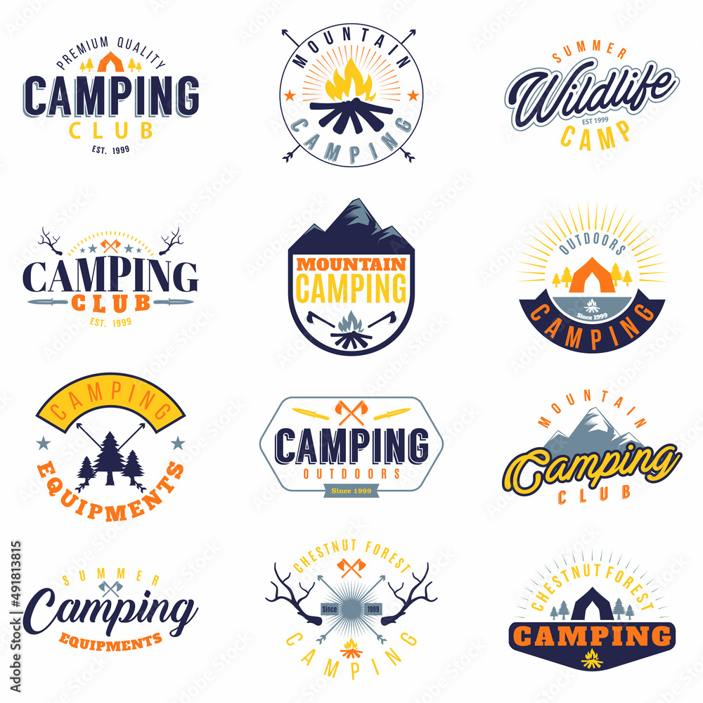 Fototapeta premium Camping set 12 badges colored. Collection of outdoor camp icons