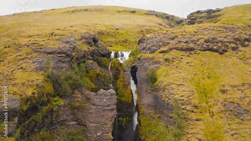 Drone Aerial View Of Beautiful Cascade Gluggafoss Waterfall In Southern Iceland. photo