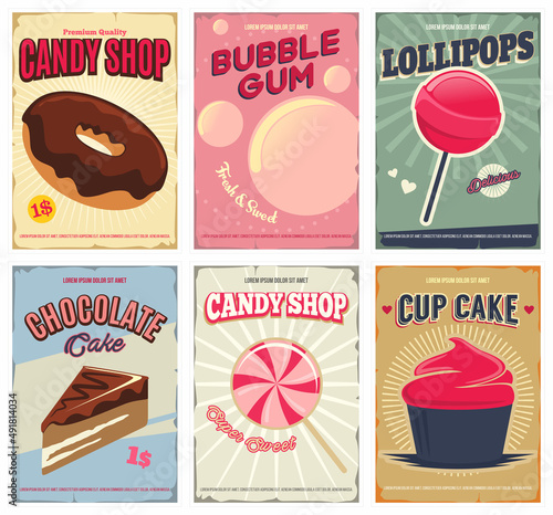 Candy shop retro posters or flyers set with donut, bubble gum, lollipop, chocolate cake, cupcake. Layout templates.