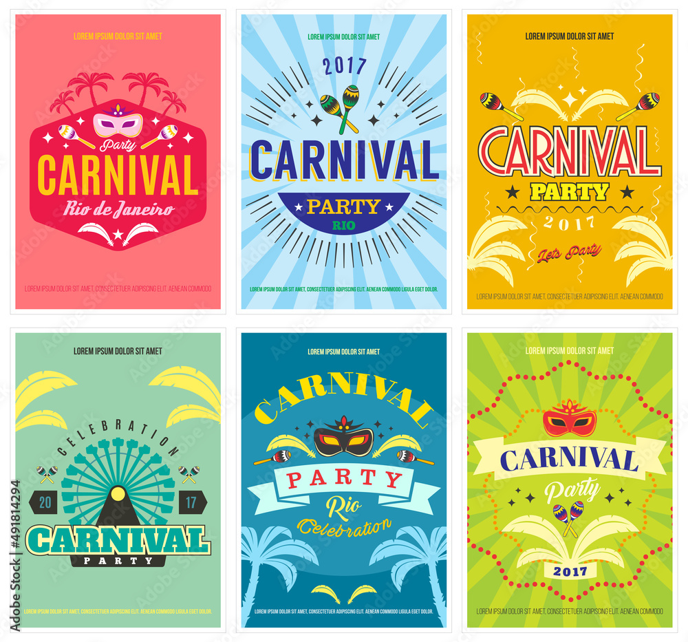 Carnival set of 6 colorful posters in retro style with masquerade masks, ferris wheel, musical instruments