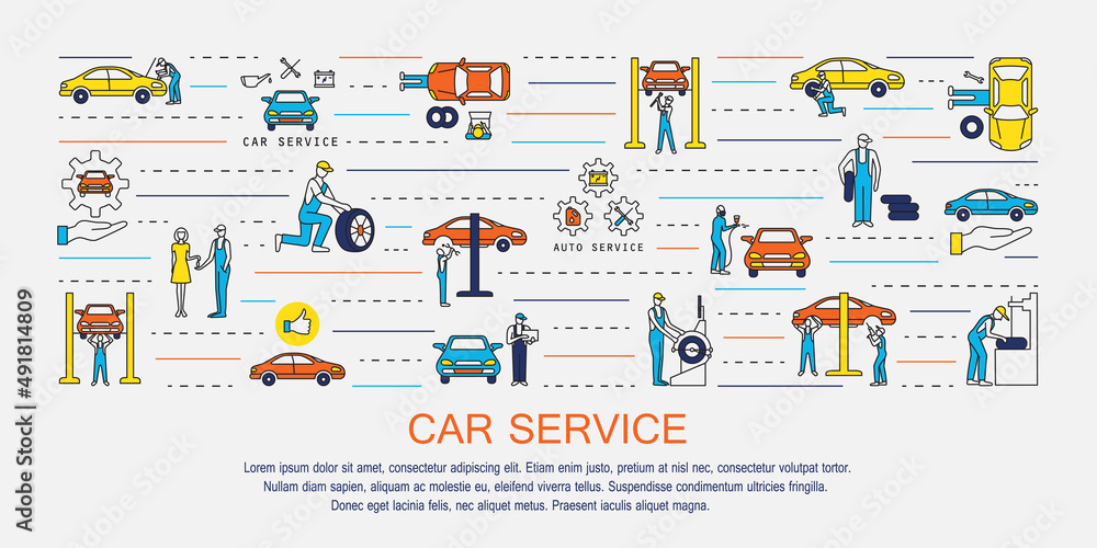 Car service elements line icons collection, car repair equipment. Modern linear pictogram set of car details and service