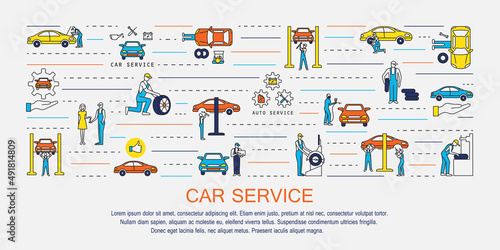 Car service elements line icons collection, car repair equipment. Modern linear pictogram set of car details and service