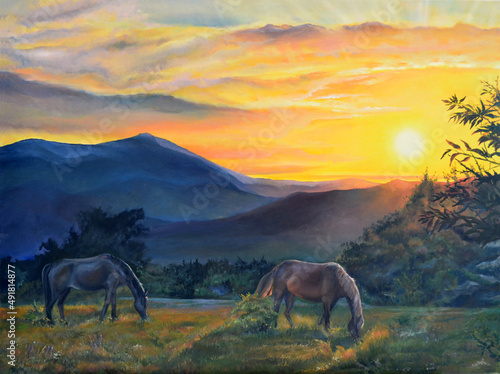 Contemporary oil painting on canvas. Beautiful sunset in the mountains. Landscape with horses. 