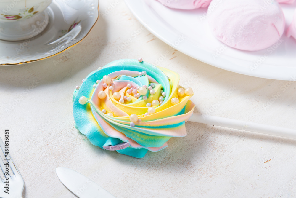 Bright colored lolly pop camdy with marshmallow Bright colored lolly pop camdy with marshmallow