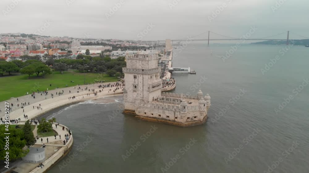 Aerial view of Belem Tower on a cloudy morning, Lisbon, Portugal Aerial view of Belem Tower on a cloudy morning, Lisbon, Portugal