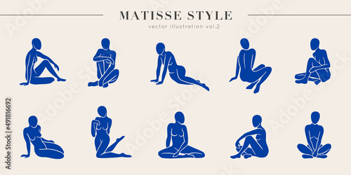 Set of vector women figures inspired by Matisse. Trendy minimal creative style. Cut paper different women poses for poster, logos, patterns and covers.