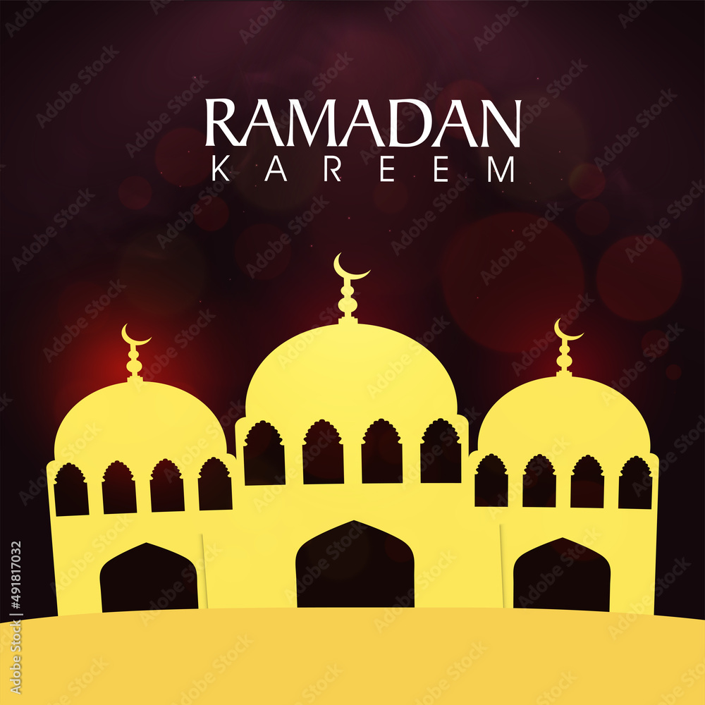 Ramadan Kareem Concept With Yellow Paper Mosque On Bokeh Background.