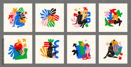 Set of colorful vector poster include women figures,birds, fruits, abstract shapes, stars, eyes and plants inspired by Matisse. Trendy minimal cut paper for poster, logos, patterns and covers. photo