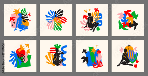 Set of colorful vector poster include women figures,birds, fruits, abstract shapes, stars, eyes and plants inspired by Matisse. Trendy minimal cut paper for poster, logos, patterns and covers.