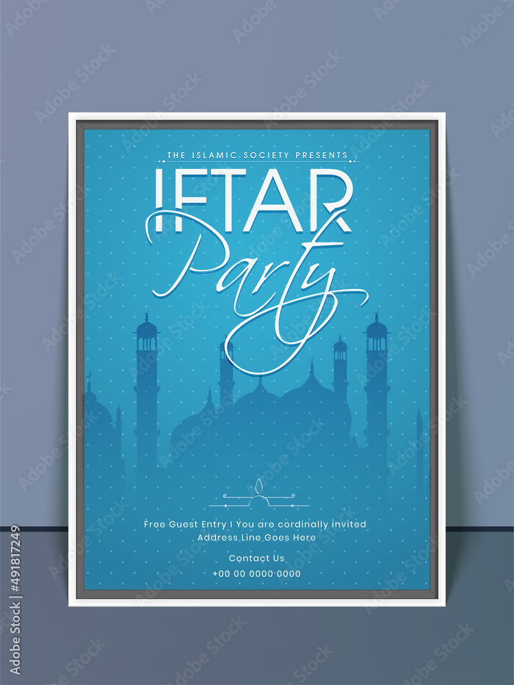 Iftar Party Invitation Card With Silhouette Mosque On Blue Background. Iftar Party Invitation Card With Silhouette Mosque On Blue Background.