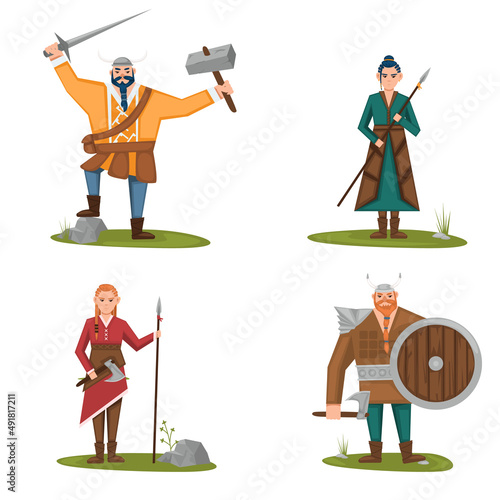 Vikings set of cartoon characters. Scandinavian men, women. Scandinavian mythologyy characters norway costume vikings warrior male and female