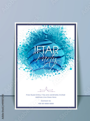 Iftar Party Invitation Template Layout With Creative Mosque And Blue Color Splash Effect On White Background. photo