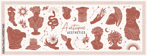 Isolated Greece statues in modern style. Antique aesthetics statues of mystical god, olive branches, hands, stars, ruined columns and pottery. Creative silhouette for poster design, wall, pattern.