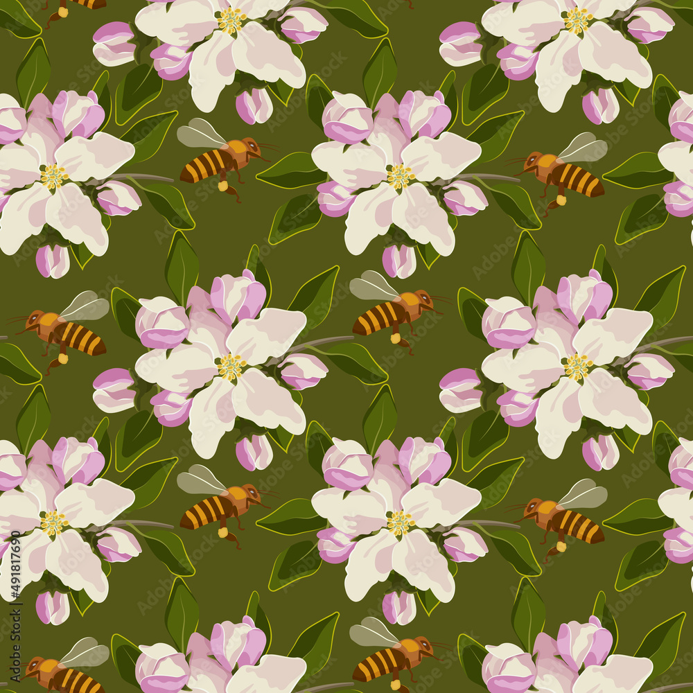 Vector seamless pattern with apple blossom and flying bees. Gardening and spring illustration for background, textile, poster, scrapbooking, stickers set, greeting card, party invitations, tags.