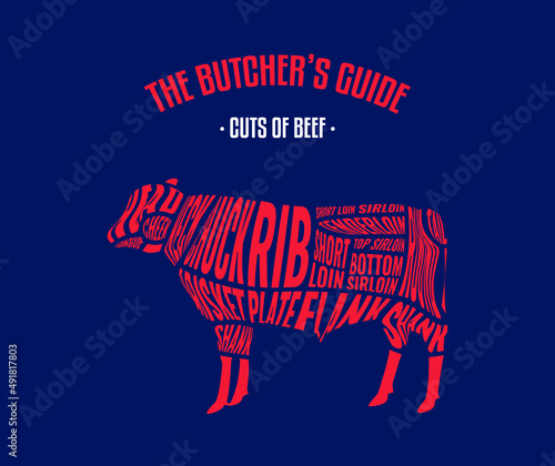 Meat and Beef cuts. Diagrams for butcher shop. Scheme of beef. Vector illustration. Beef butcher's guide. Used for cooking steak and roast - t-bone, rib eye, porterhouse, tomahawk, etc.