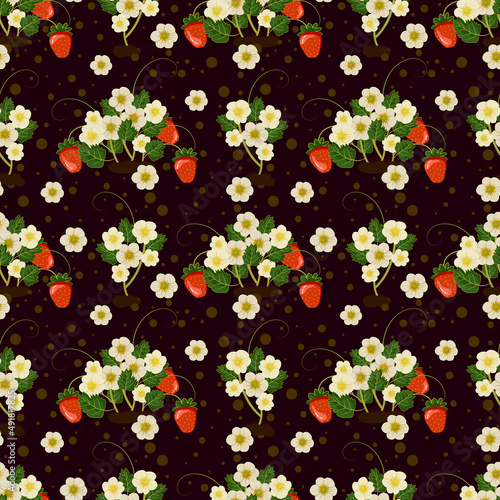 Seamless pattern strawberry and strawberry flowers. Gardening and spring vector illustration for background, textile, poster, scrapbooking, set of stickers, greeting cards, party invitations, tags.