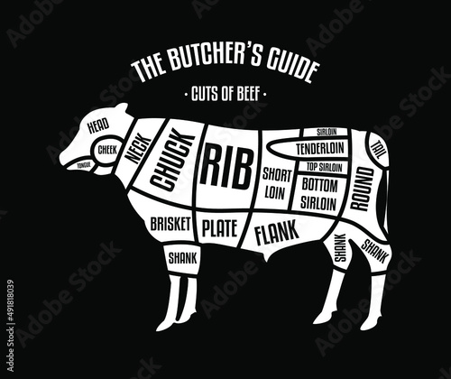 Meat and Beef cuts. Diagrams for butcher shop. Scheme of beef. Vector illustration. Beef butcher's guide. Used for cooking steak and roast - t-bone, rib eye, porterhouse, tomahawk, etc.