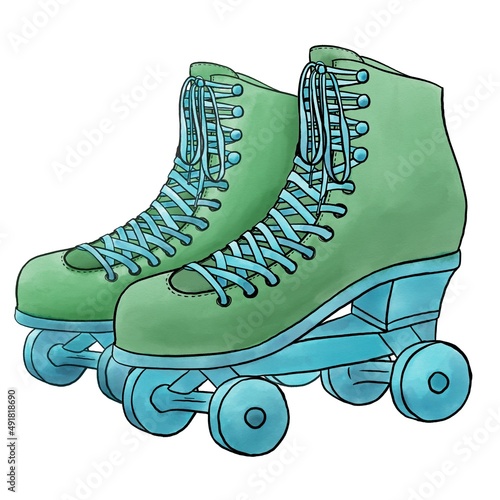 Simple illustration of roller skates, watercolor fill in green and blue