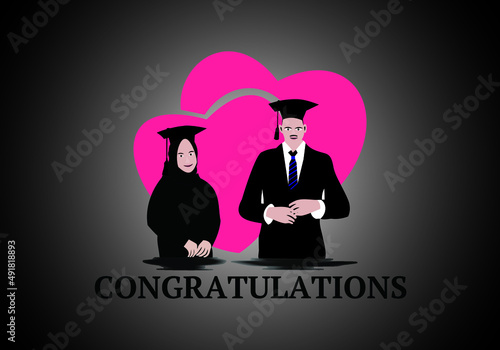 icon of a male and female lover who has graduated from school or college wearing a toga hat together on a black and white gradient background