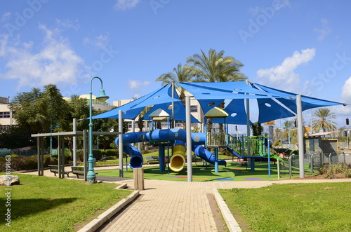 Empty playground in Israel. A beautiful space for children in the modern area of Rishon Lezion.