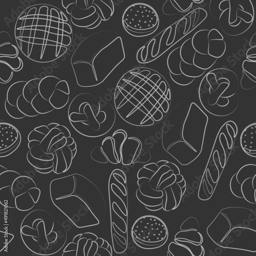 Trendy vector pattern for bakery or cafe.Illustrations of buns,bread, baguette,and other pastries for packaging,labels,or signage.Line Art illustration of food for banner, flyer or menu