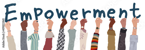 Group of raised arms of multicultural men and women people holding letters in hand forming the text -Empowerment- Encouragement and success motivation self-empowerment concept. Isolated