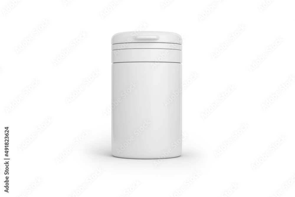 Blank plain White pill or vitamin dietary supplement bottle, Medical drug plastic bottle isolated on white background with clipping path. 3d rendering. Blank plain White pill or vitamin dietary supplement bottle, Medical drug plastic bottle isolated on white background with clipping path. 3d rendering.
