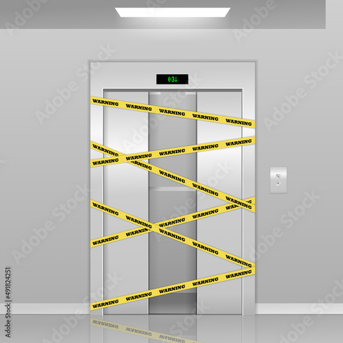 Realistic 3d broken elevators on repair with warning yellow tape. Metal lift door with dent. Realistic vector illustration. Hall Interior in Gray Colors.