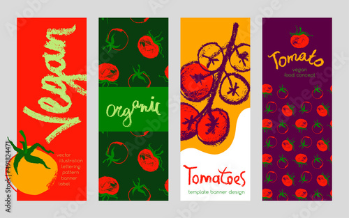 Vector design elements. Tomatoes seamless pattern, label tomato paste, agro logo, tomato juice packaging. Hand-drawn illustration. Organic vegetable background. Tomato banner. Vegan restaurant concept