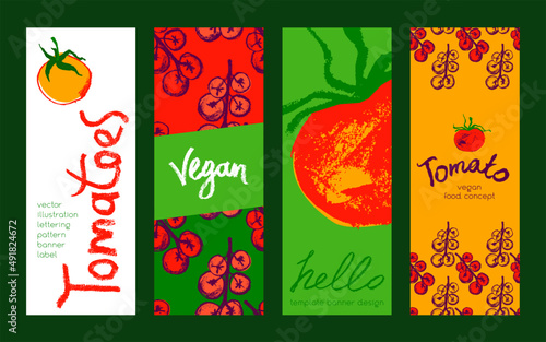 Vector design elements. Tomatoes seamless pattern, label tomato paste, agro logo, tomato juice packaging. Hand-drawn illustration. Organic vegetable background. Tomato banner. Vegan restaurant concept