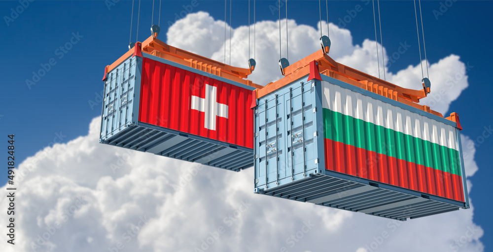 Cargo containers with Switzerland and Bulgaria national flags. 3D Rendering 