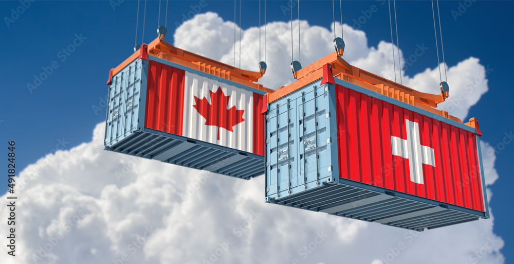 Cargo containers with Switzerland and Canada national flags. 3D Rendering 