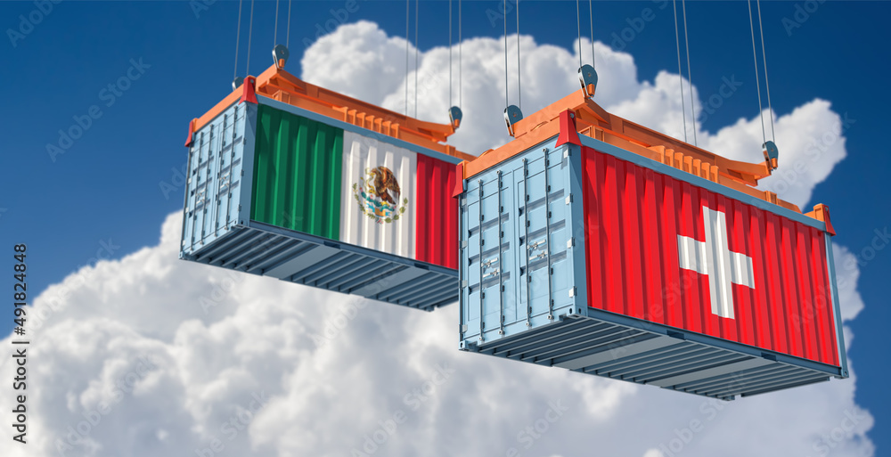 Cargo containers with Switzerland and Mexico national flags. 3D Rendering 