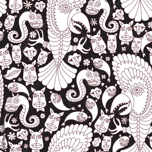 Vector Cat, Dog face, Parrot, snake, lips, smiling monsters. Seamless pattern for coloring book page for adults and children, Hippie print on a black background