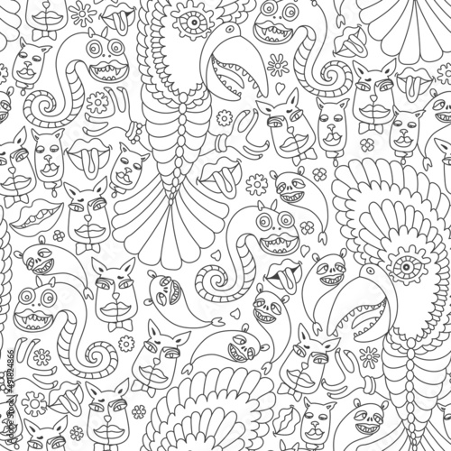 Vector Cat, Dog face, Parrot, snake, lips, smiling monsters. Seamless pattern for coloring book page for adults and children, Hippie print