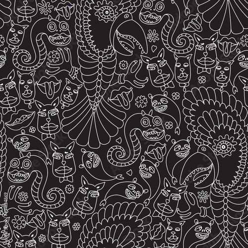 Vector Cat, Dog face, Parrot, snake, lips, smiling monsters. Seamless pattern, white doodle on a black background, Hippie print 