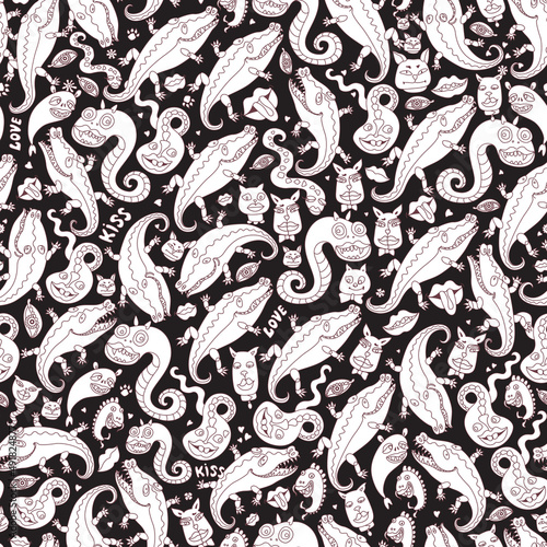 Funny vector monsters, cats, dogs, crocodiles, snake, lipstick kiss. Seamless pattern,Hippie print, Futuristic cubism wallpaper. Brown doodle contour, white silhouette on a black background