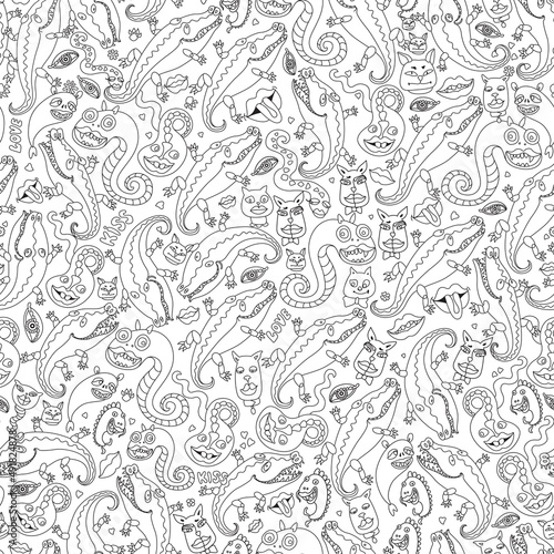 Vector Funny monsters, cats, dogs, crocodiles, snake, lipstick kiss. Seamless pattern, black and white Hippie print, Coloring book for adult and children 