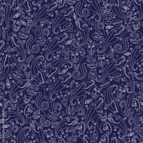 Vector Funny monsters, cats, dogs, crocodiles, snake, lipstick kiss. Seamless pattern, Hippie print, white doodle contour on a dark indigo blue background